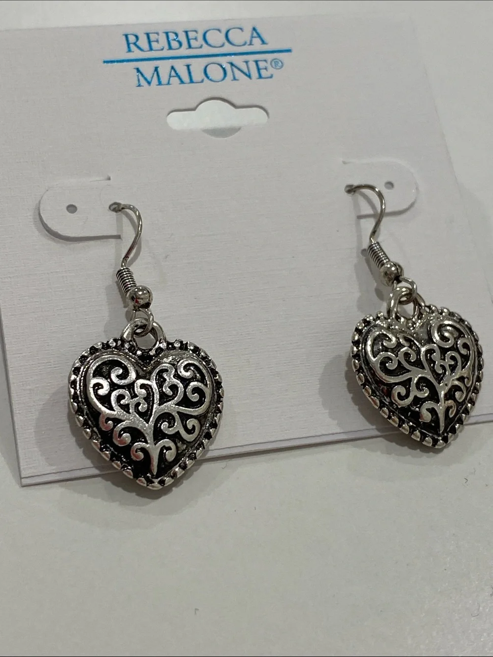 NEW Rebecca Malone Silver-Tone Filigree Heart Drop Earrings